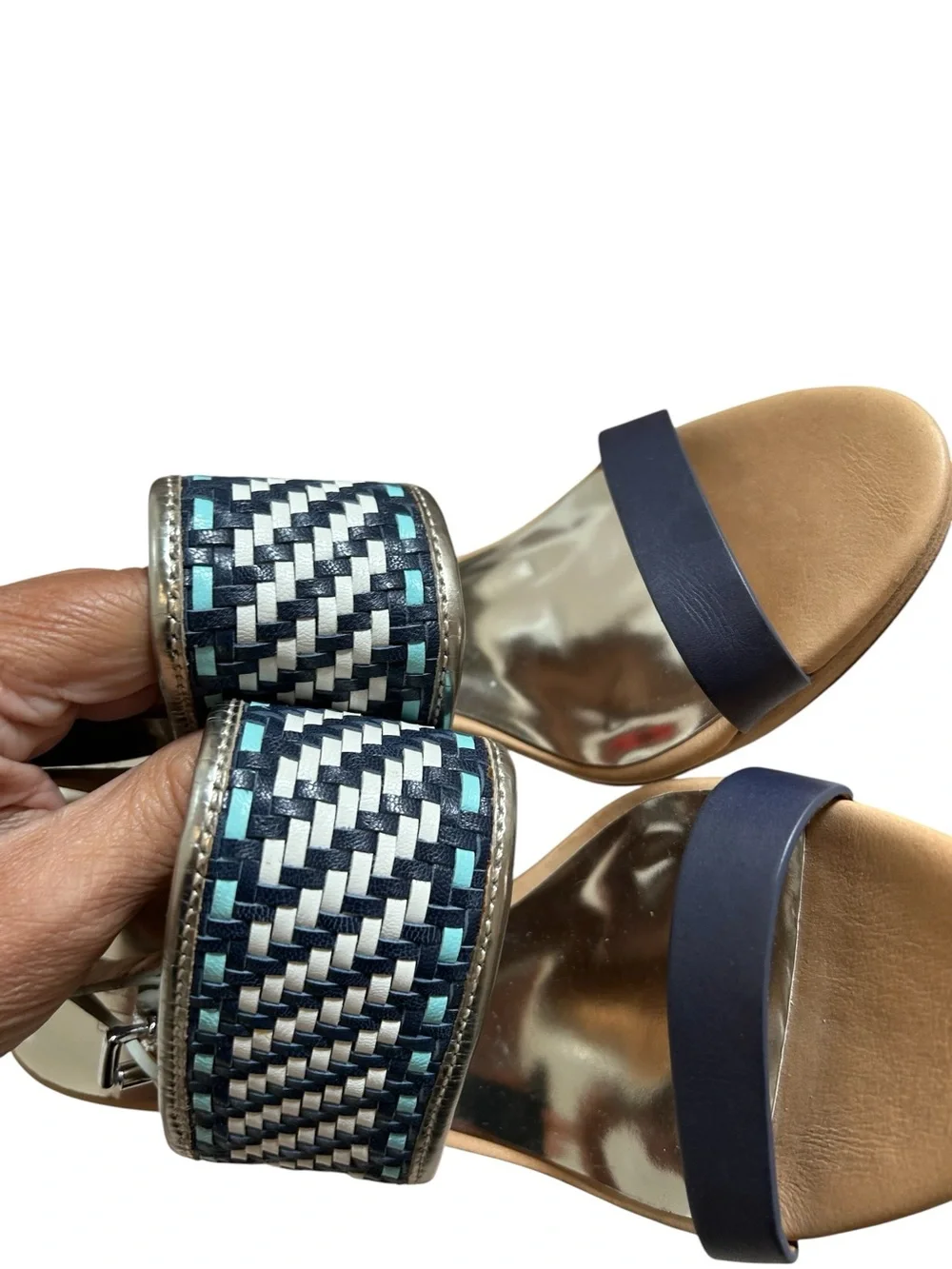 Coach Steffi Woven Slingback Heels in Silver and Metallic Navy